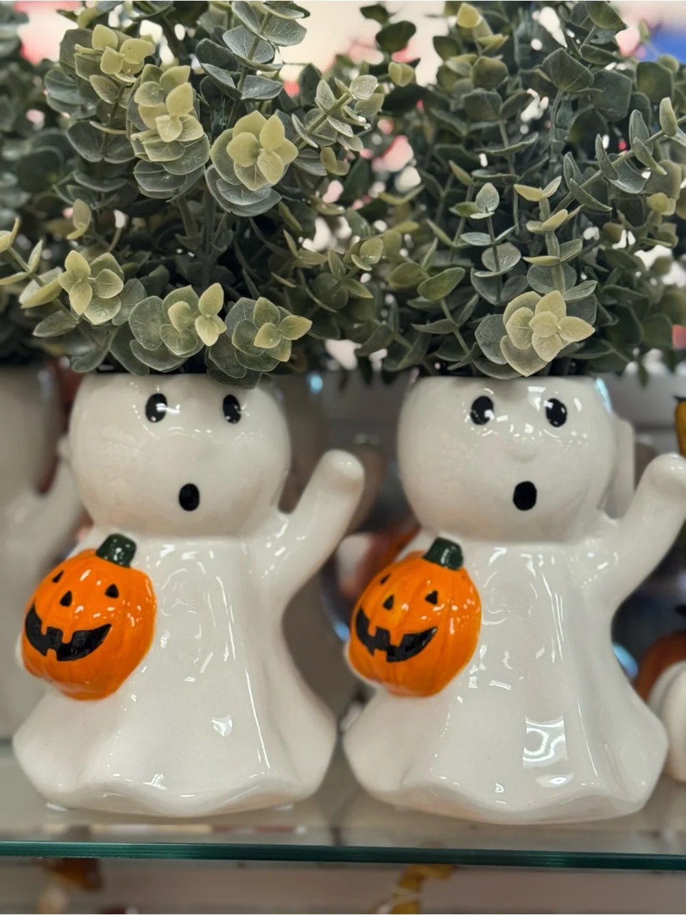 2 Ghost Ceramic Planter with Pumpkin Accent - White